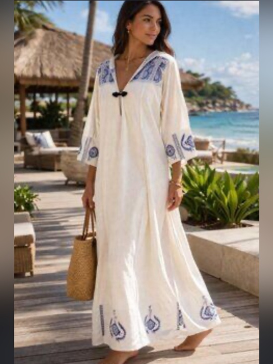 Soft Surroundings Dresses & Skirts - Soft Surroundings Linen Blend Maxi Peasant Caftan/ Dress Blue Embroidery Accents